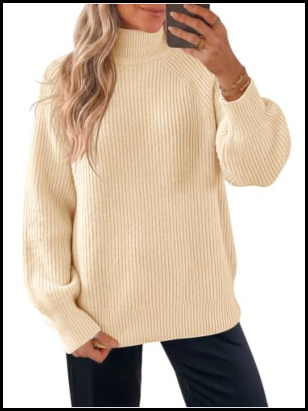 Womens Oversized High Neck Slouchy Knit Pullover Lantern Sleeve Stretch Sweater